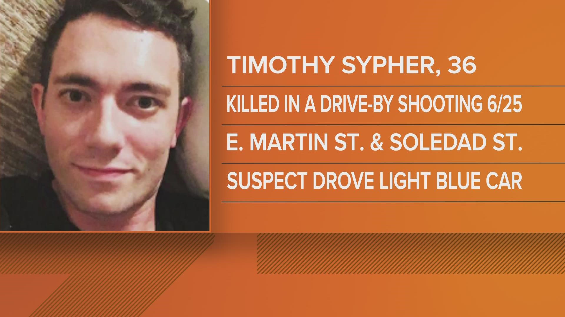 Police say 36-year-old Timothy Sypher was stopped at a red light when someone opened fire and killed him.