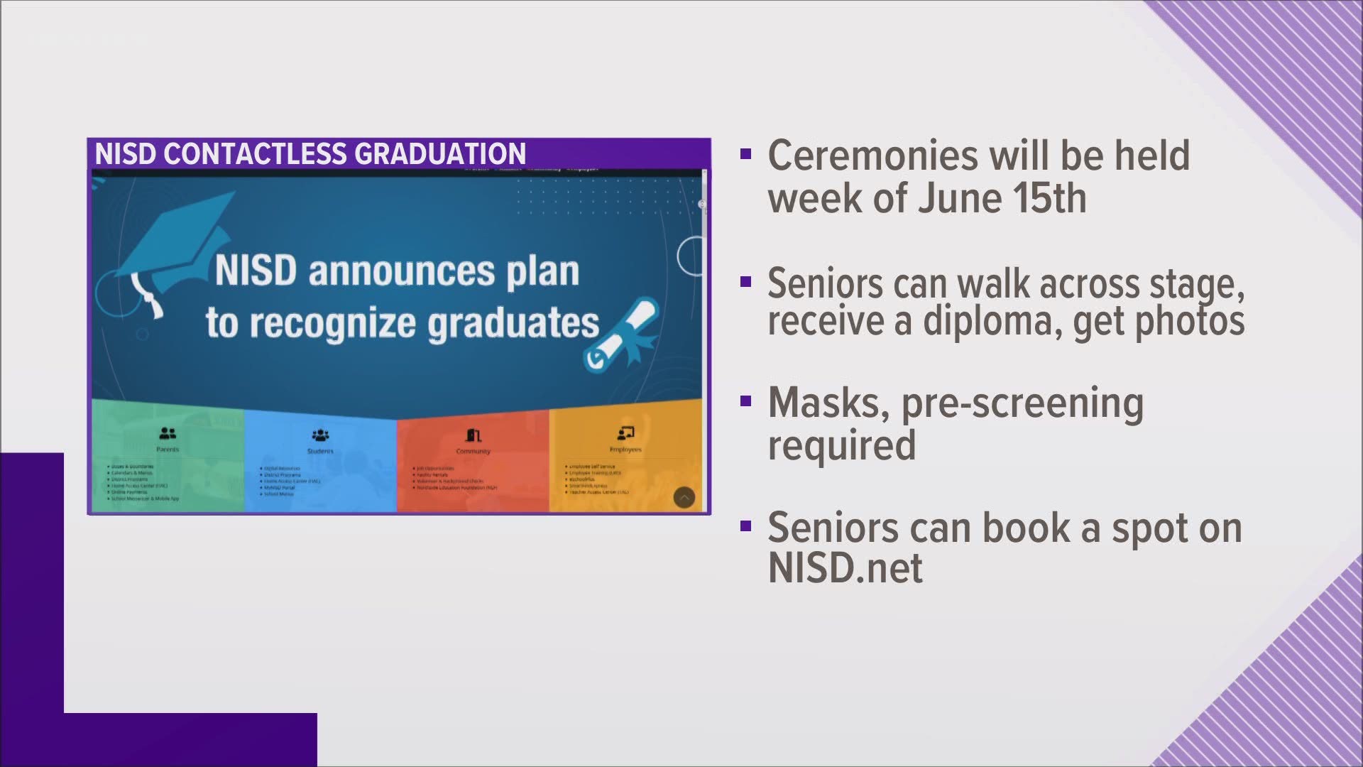 Northside ISD announces plans amid the pandemic for 'contactless' graduation ceremonies, all set to happen over the course of several days during the week of June 15