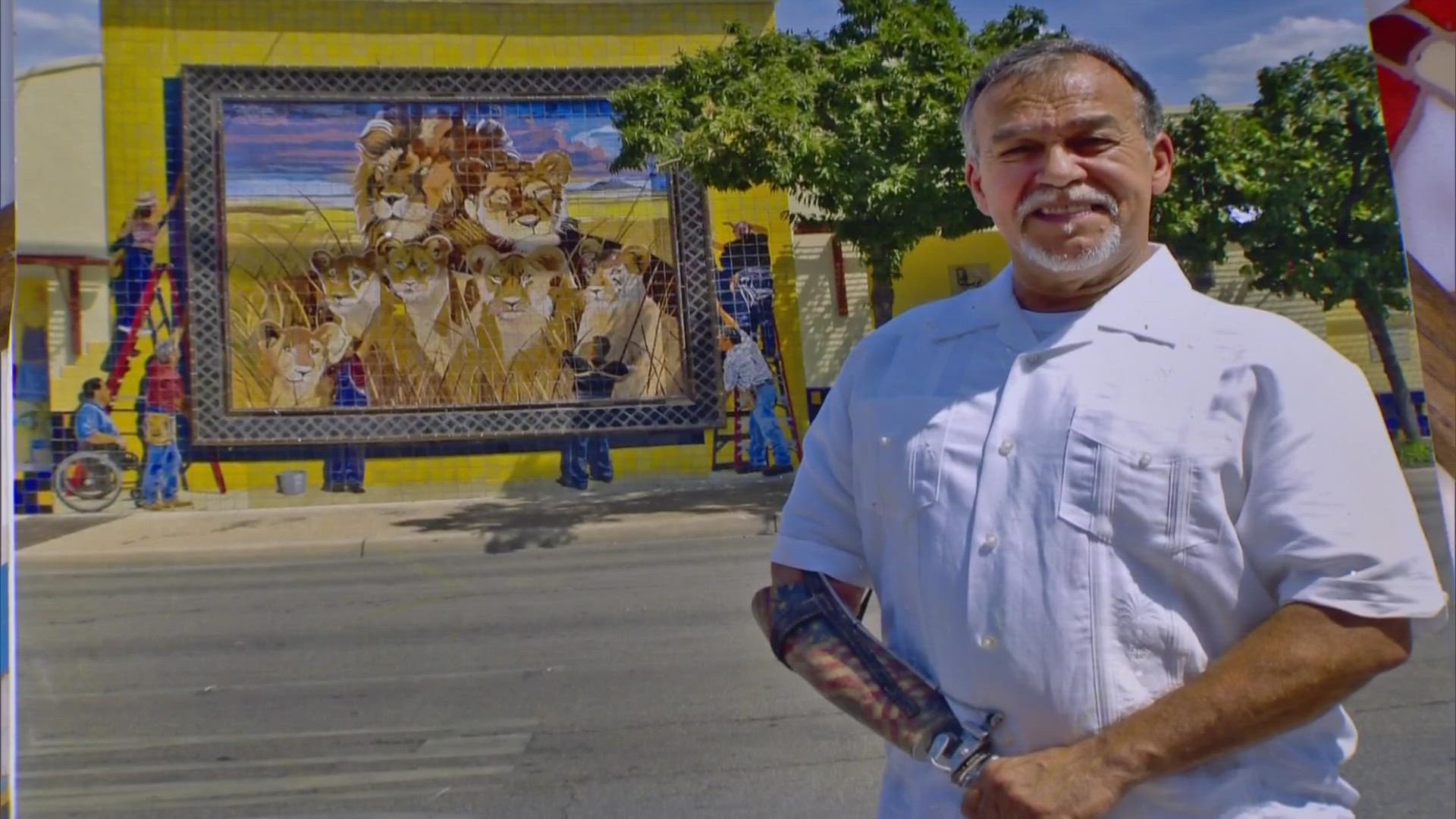 Treviño created the nine-story tiled mural on the south-facing exterior wall of Christus Santa Rosa Children's Hospital, a well-known landmark in the Alamo City.