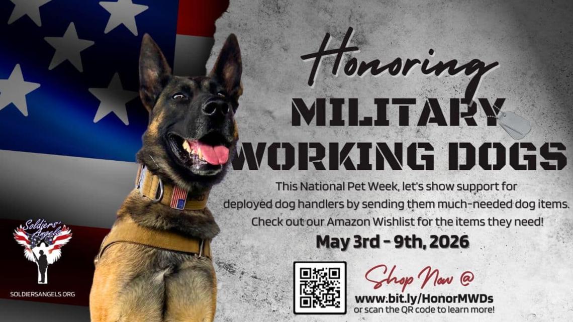 The nonprofit is collecting supplies for deployed K9s and their handlers during Military Appreciation Month.
