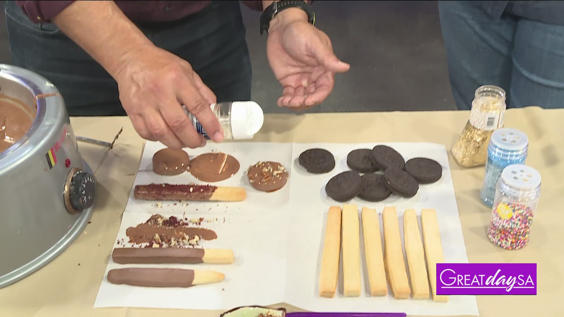 Paul helps make some yummy treats with Pastry Chef Alessia Benavides of Chocolatl.