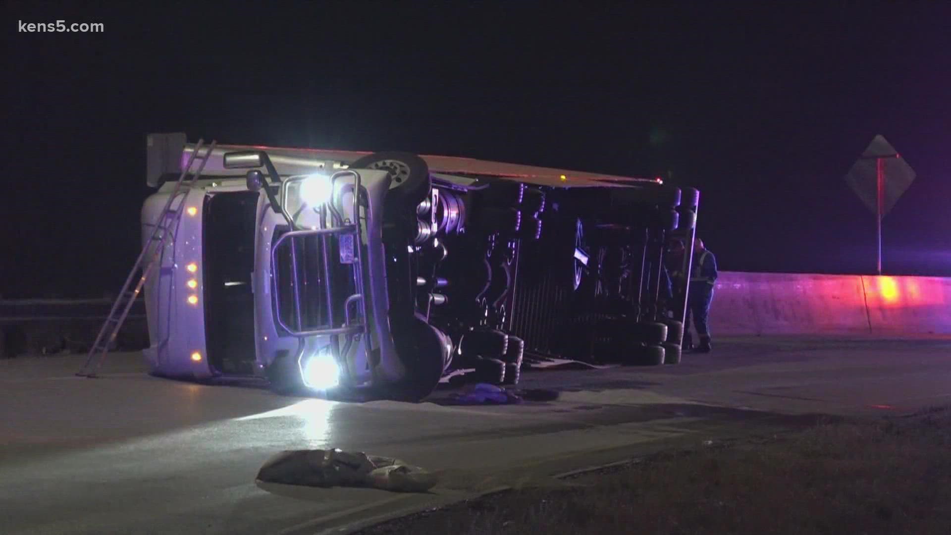 A flyover ramp on the northeast side has been closed for several hours Tuesday morning after a big rig overturned.