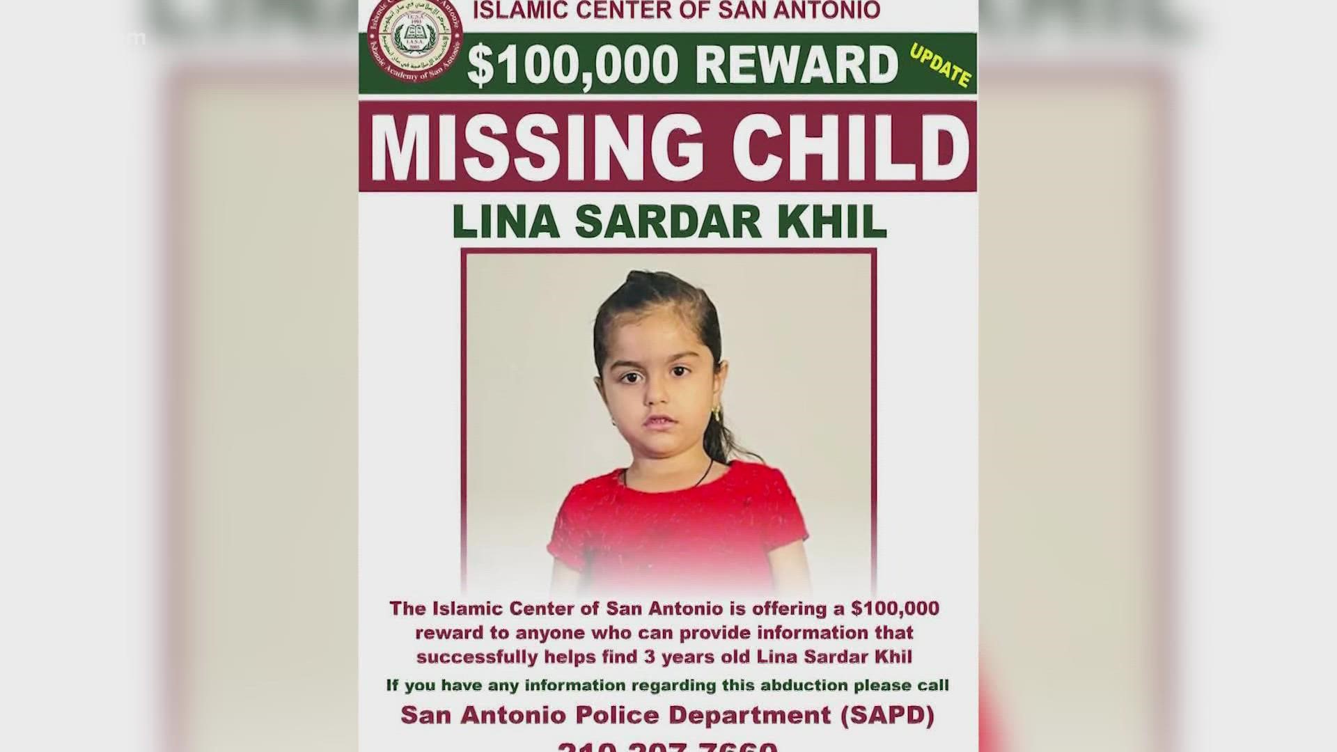 The AMBER alert continues for Lina Sardar Khil, who was last seen 5 p.m. December 20th at the Villas Del Cabo apartments in San Antonio.
