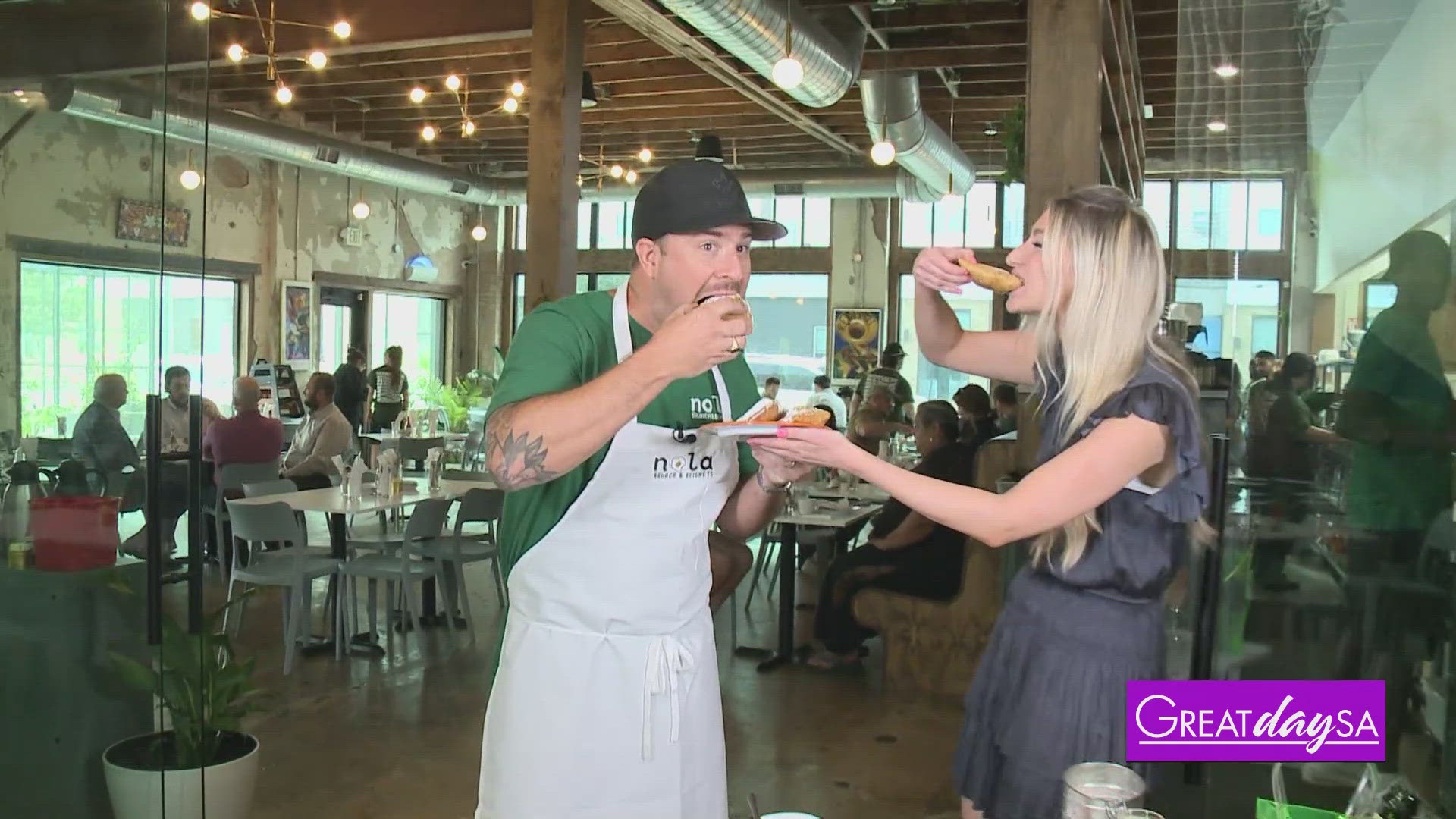 GDSA Producer Christen Urban helps make a New Orleans style lunch with Chef Pieter Sypsteyn at NOLA Brunch & Beignets.