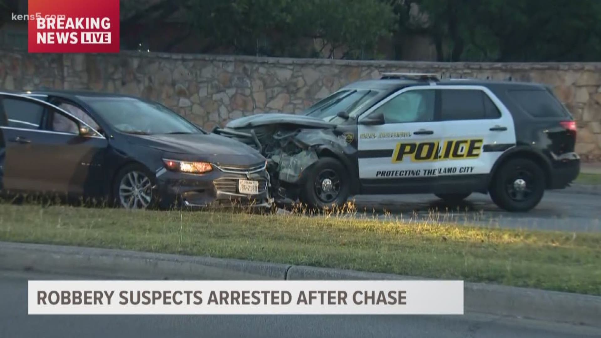 Two robbery suspects were arrested after a hotel robbery, police chase and wrong-way crash.