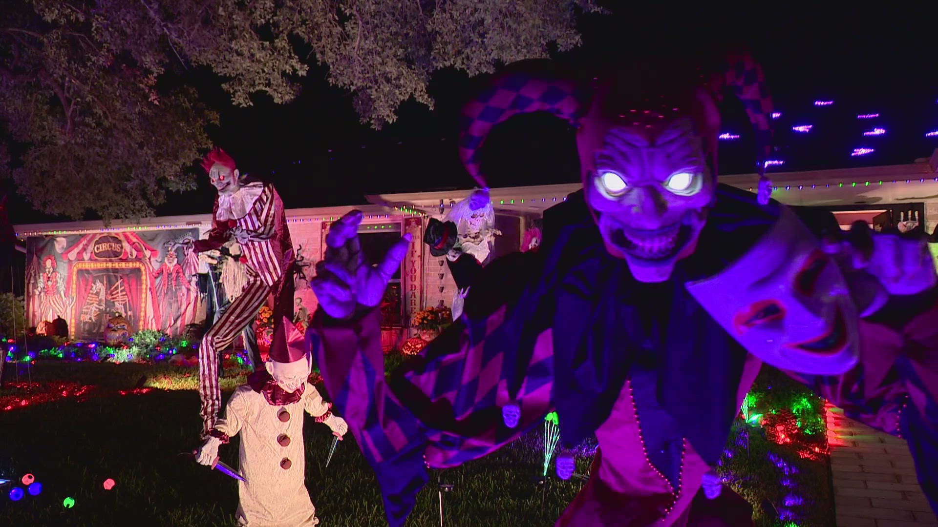 The killer clown circus themed display is a must-see in Windcrest this spooky season.