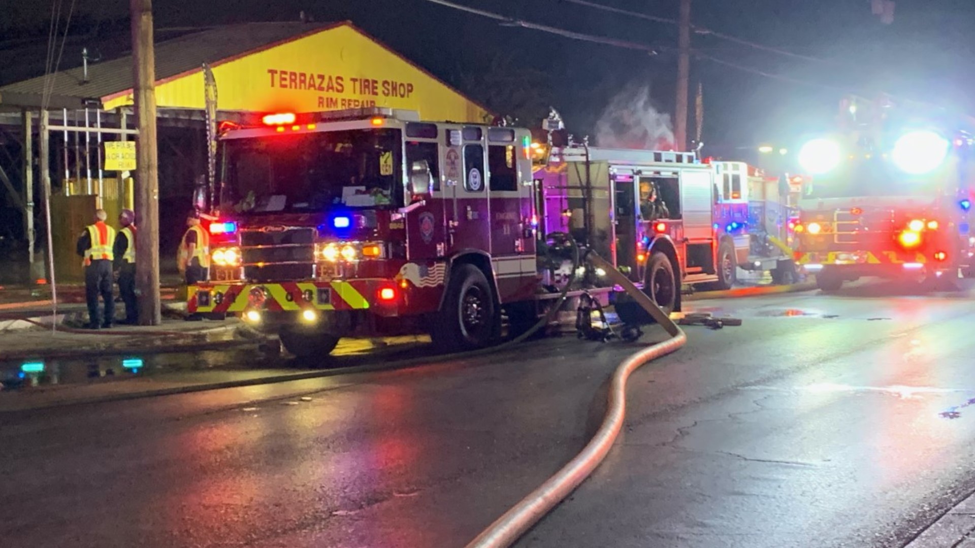 Fire Chief Charles Hood said there was a two-alarm fire at Terrazas Tire Shop on N Zarzamora St. that briefly spread to two vacant buildings.