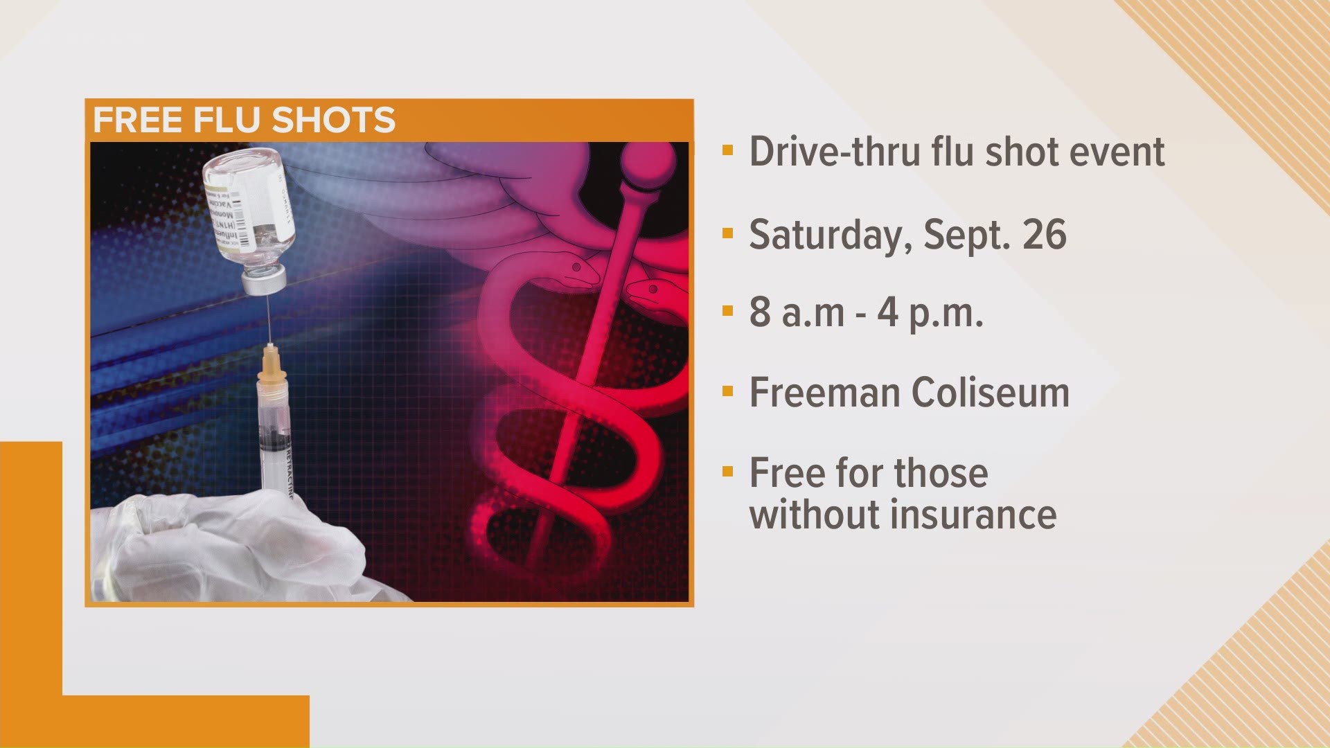 Even if your insurance won't cover it, you can get a flu shot for free this weekend at a drive-thru event at the Freeman Coliseum.