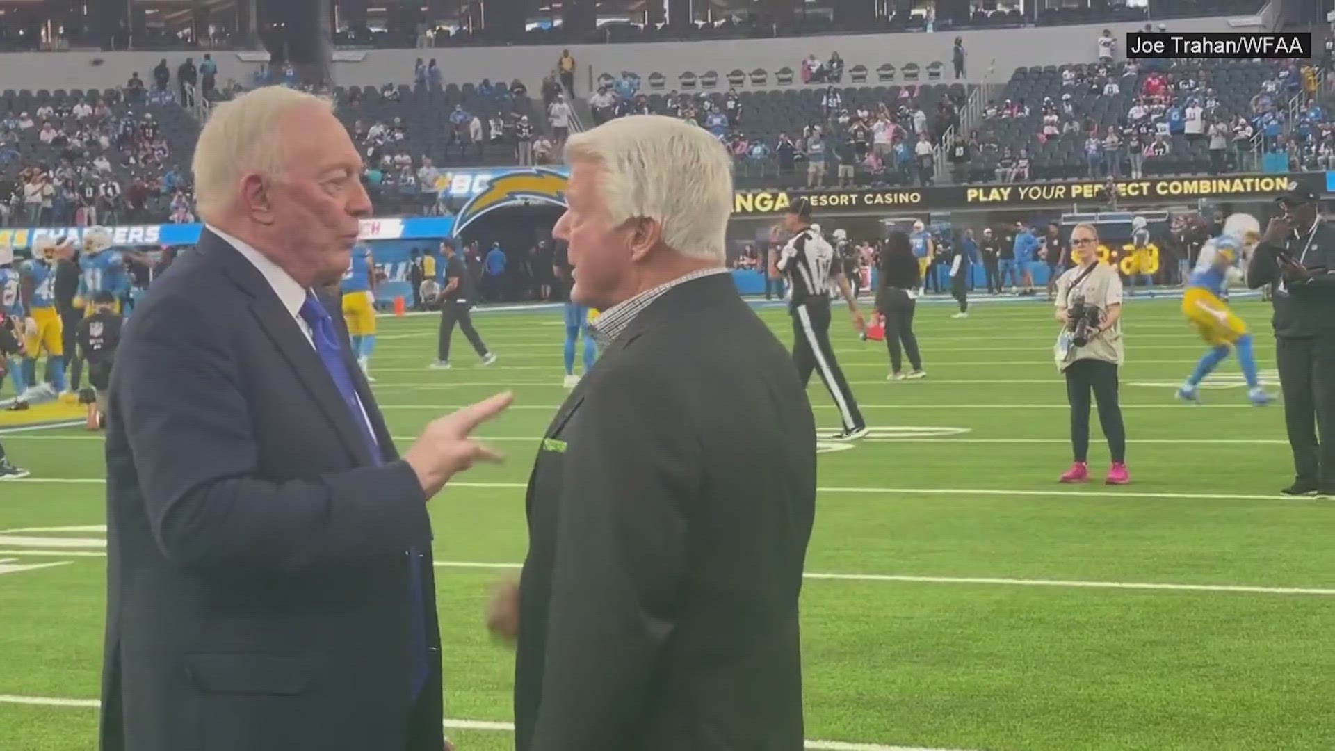 The legendary coach and his old boss were spotted catching up at the game in Los Angeles Monday night.