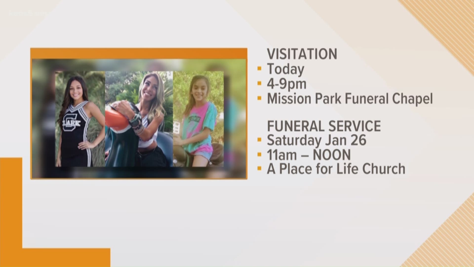 The visitation for Nichol Olsen and her daughters, 16-year-old Alexa and 10-year-old London, is at Mission Park Funeral Chapel in Stone Oak from 4:00 until 9:00 p.m. Friday. Their funeral is Saturday at A Place for Life Church on Loop 410 at 11:00 a.m.
