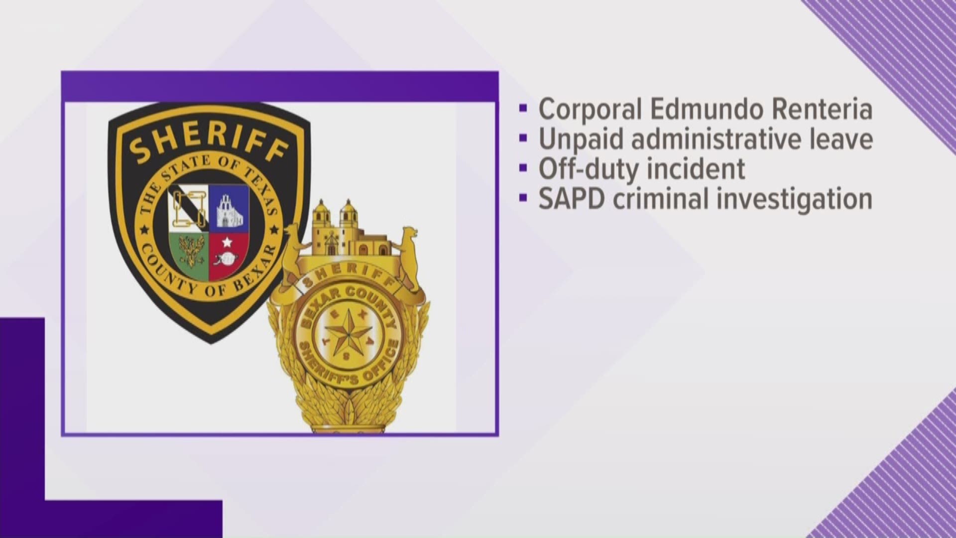 Corporal Edmundo Renteria's credentials and all department-issued equipment have been seized.