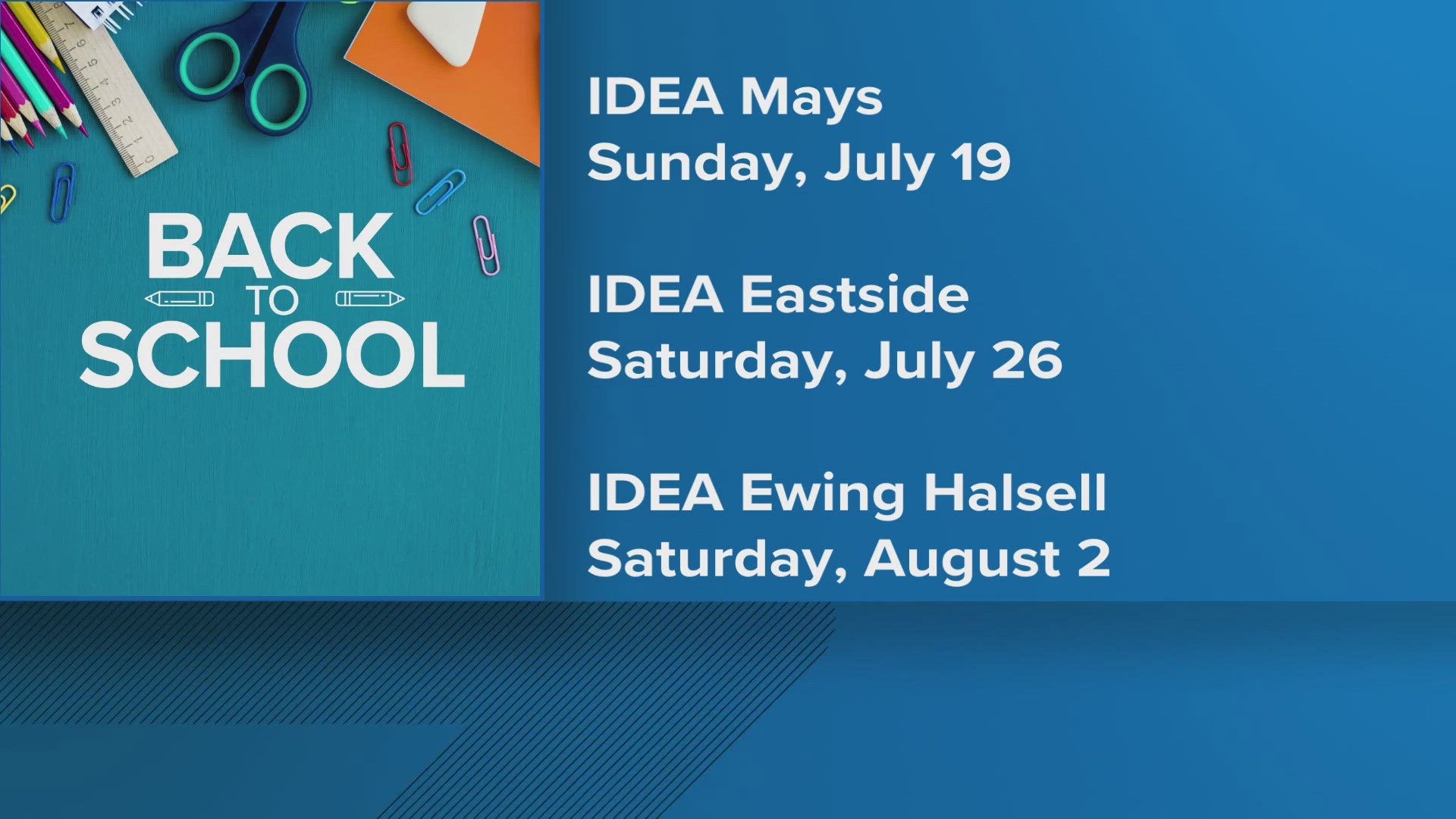 The first 500 children at each event will receive a backpack filled with supplies, including pencils, highlighters, and more.