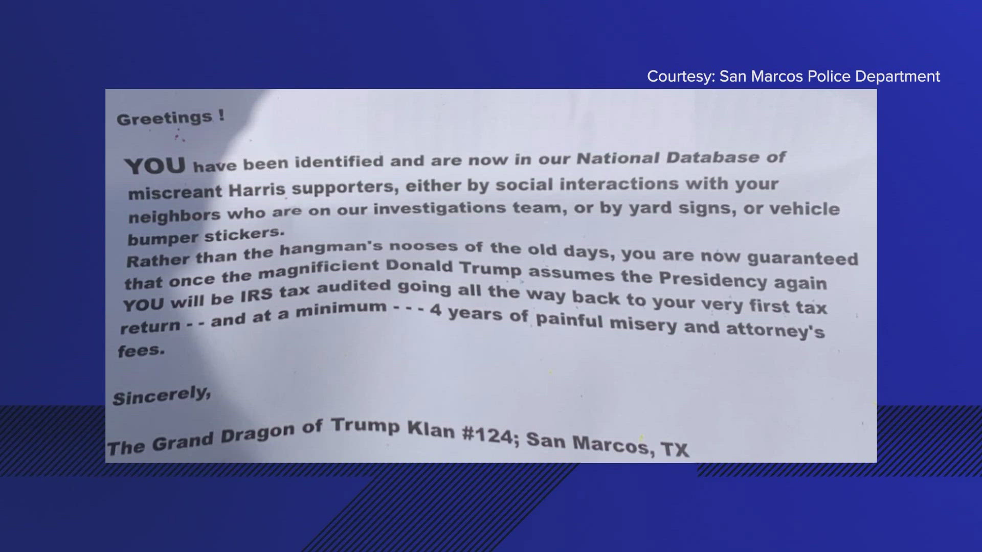 The flyers send a threatening message, saying they will be audited by the IRS going back to their first tax return for their support of VP Harris.