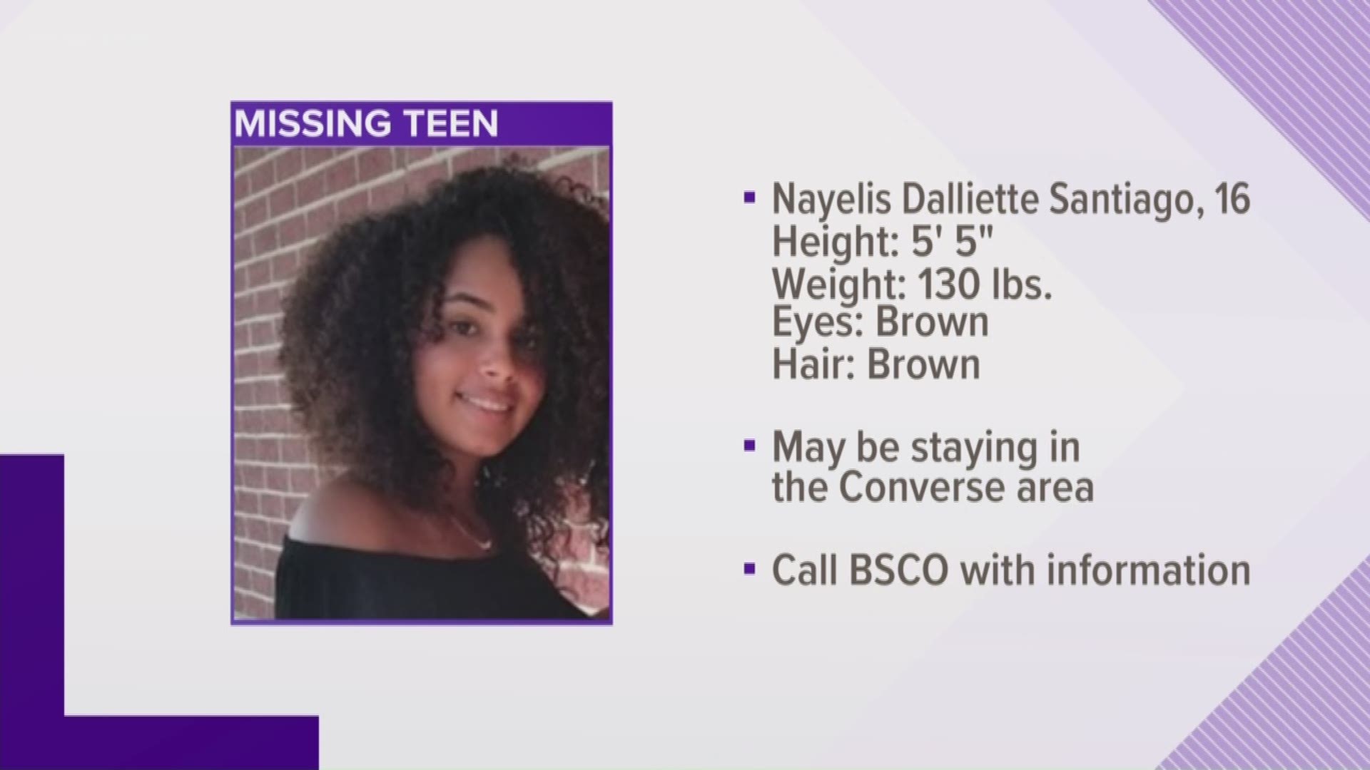 Nayelis Dalliette Santiago, 16, was last seen on March 22 in northeast Bexar County.