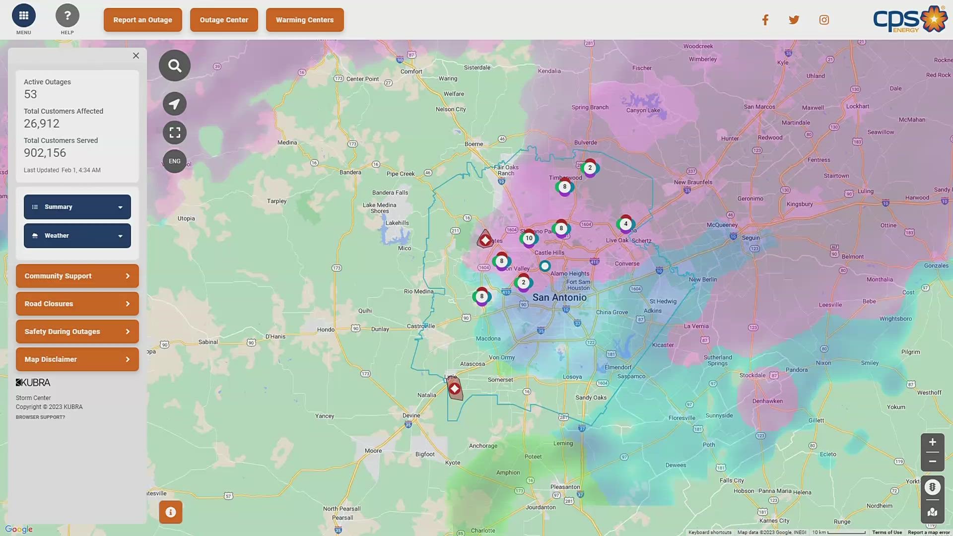 As of 4:30 a.m. Wednesday, there are 56 active outages impacting more than 27,000 customers.