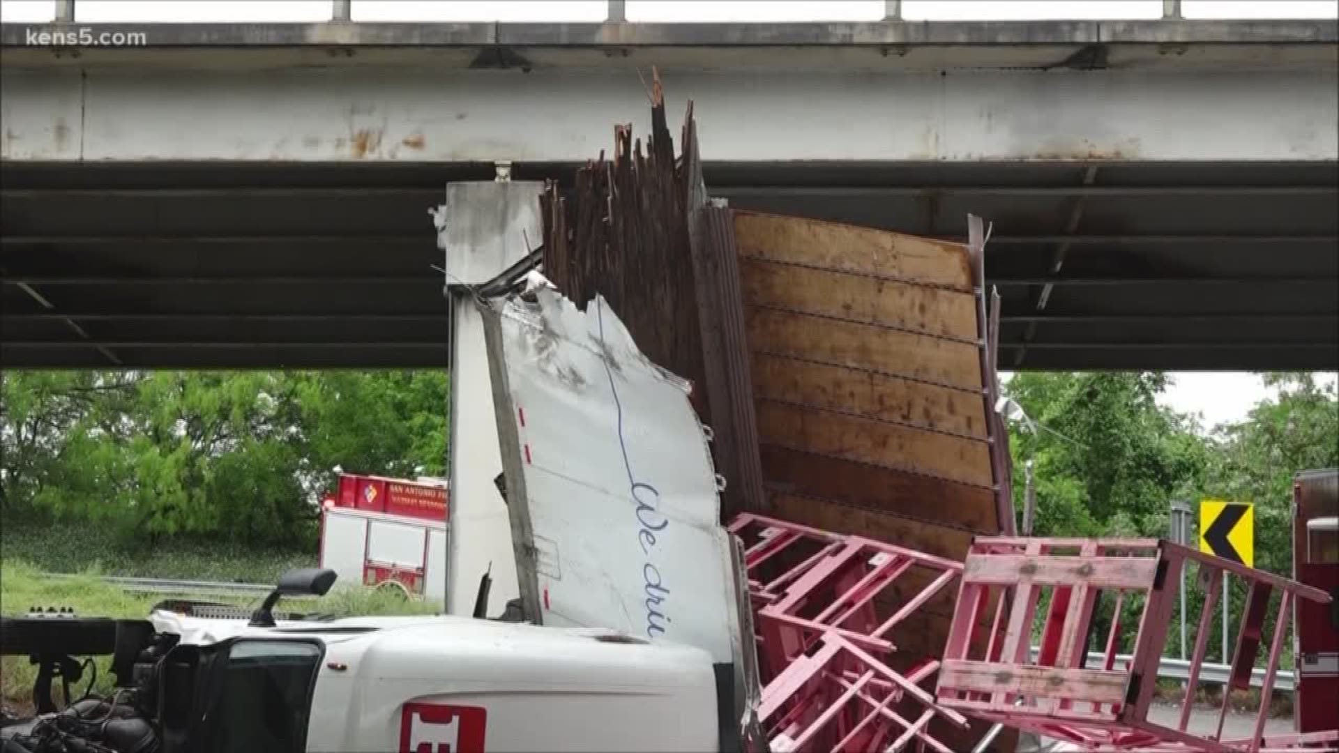 Severe weather ripped through the San Antonio area Sunday morning, leaving some damage behind. One of the biggest problems - a big rig demolished after flying off a bridge. Amazingly, the driver walked away.