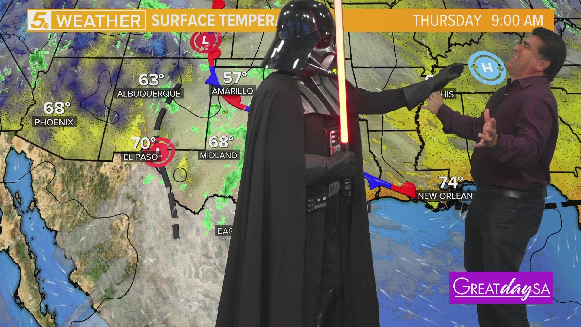 Darth Vader crashes the GDSA Weather Report | Great Day SA