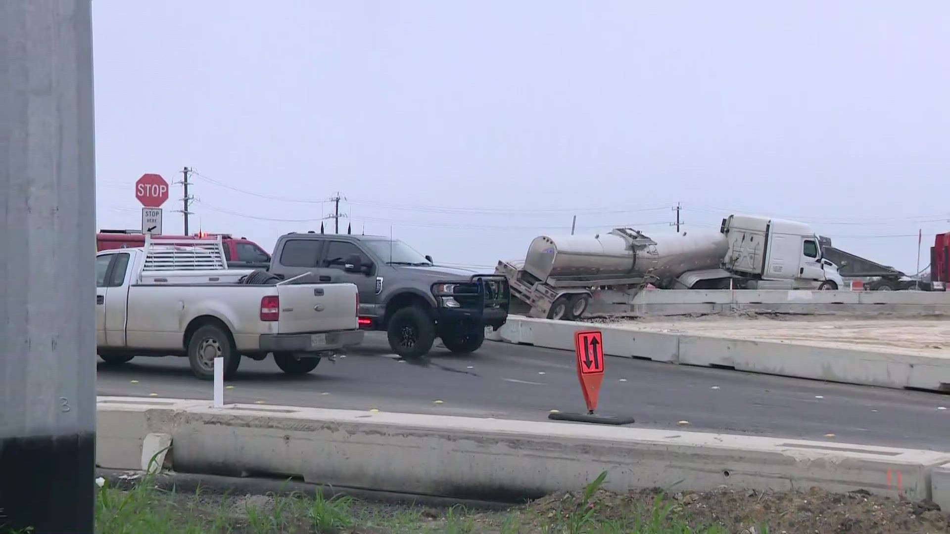 The truck was carrying liquid sulfur, which isn't hazardous. Workers were waiting to offload the remaining liquid before removing the crashed tanker.