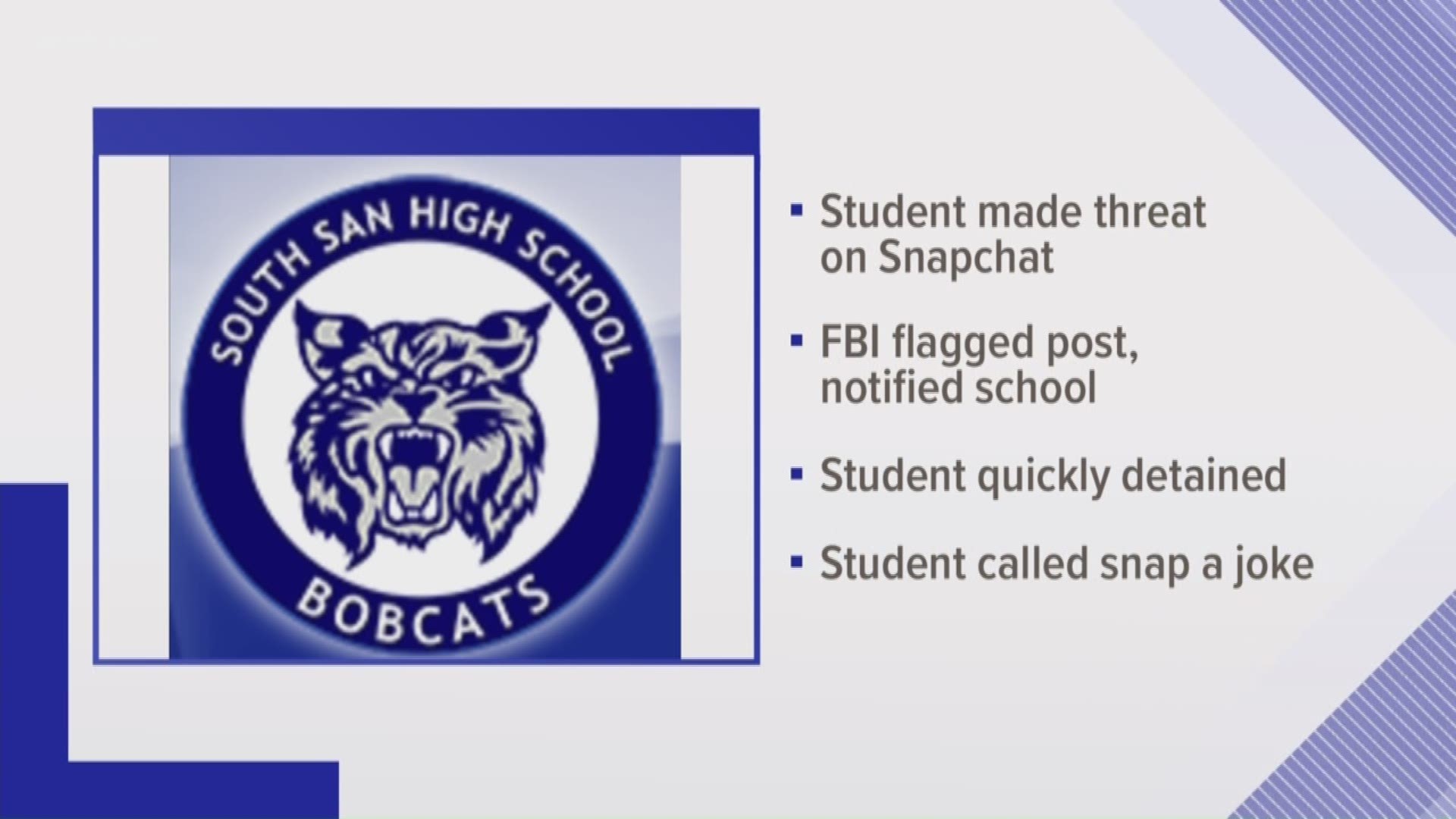 The student was apprehended Thursday morning and South San ISD said no students were in danger.