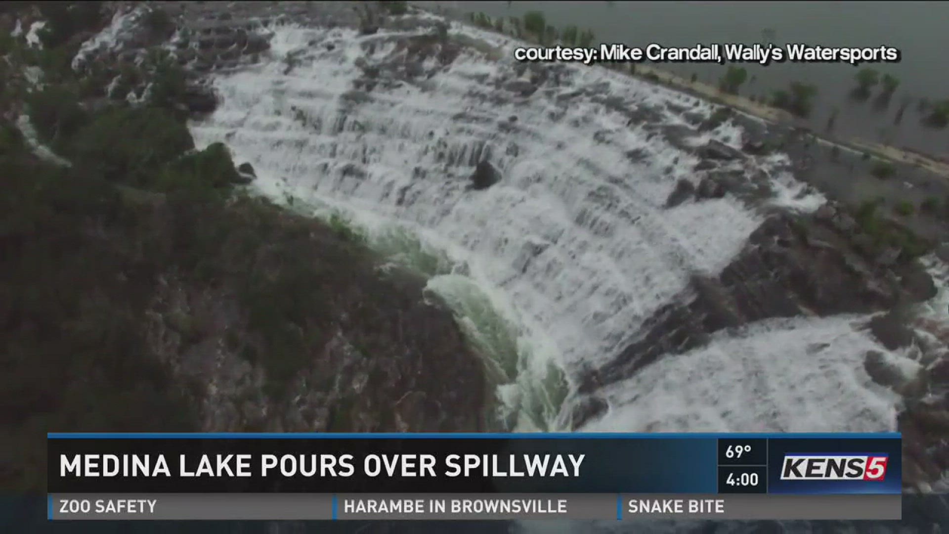 Medina Lake pours over spillway