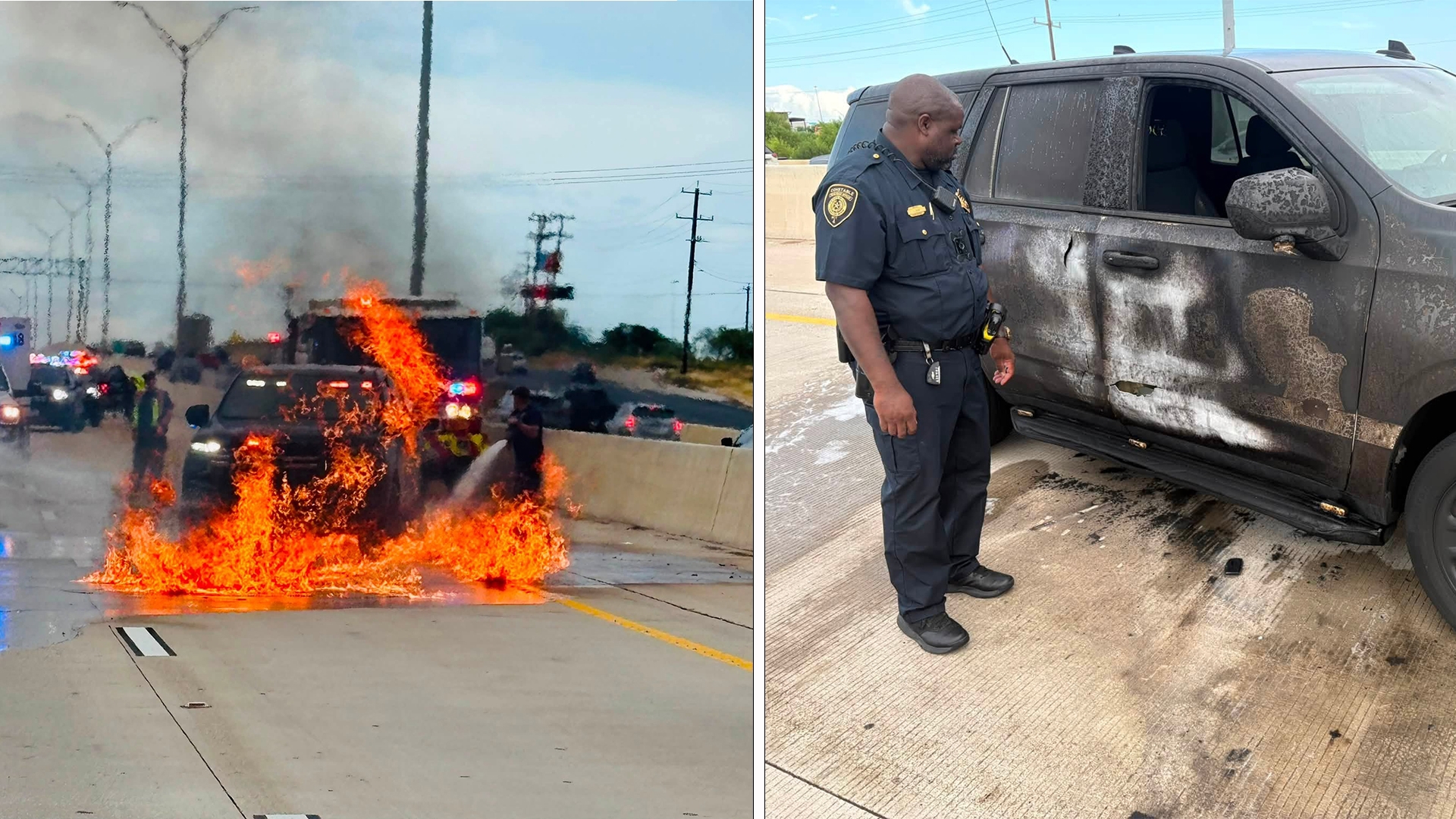 Bexar County constable deputy escapes unit just before vehicle became engulfed in flames off I-10