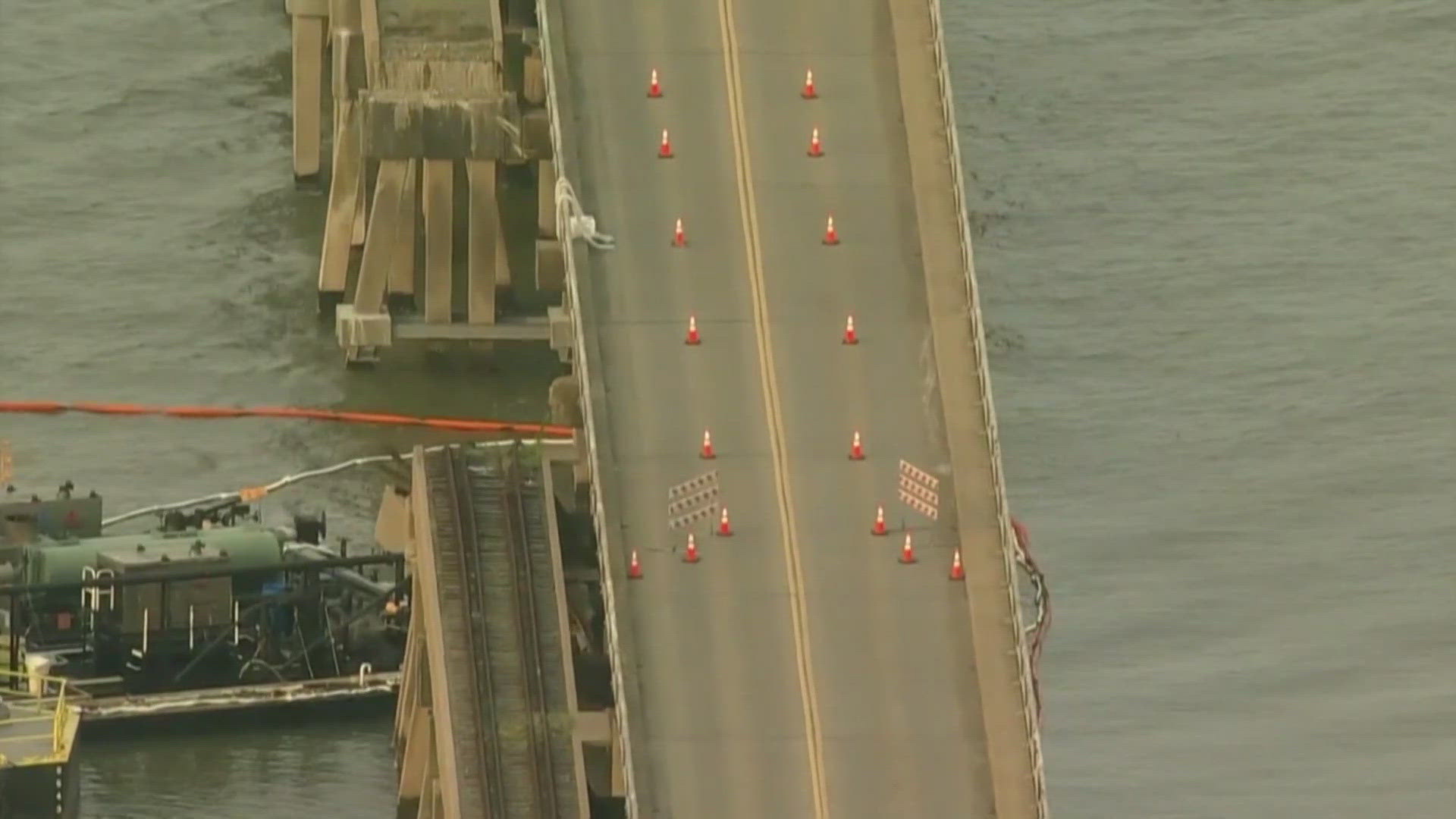 Officials say possibly 2,000 gallons of oil has spilt after barge crashed into Galveston bridge