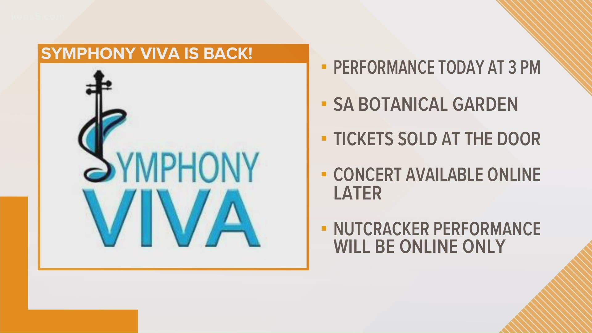 Due to the COVID-19 pandemic, the orchestra is holding its concert today at the San Antonio Botanical Garden. A limited amount of tickets will be sold at the door.