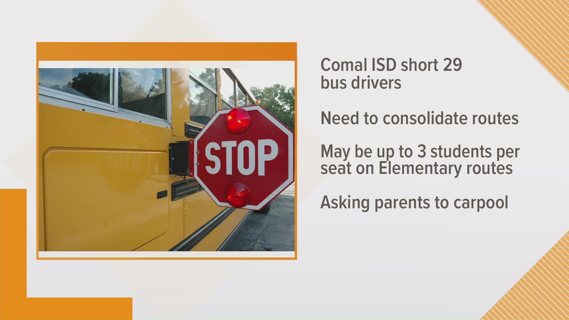 The district is short by 29 drivers. There may need to be as many as three students to each seat, the superintendent said in a letter to parents.