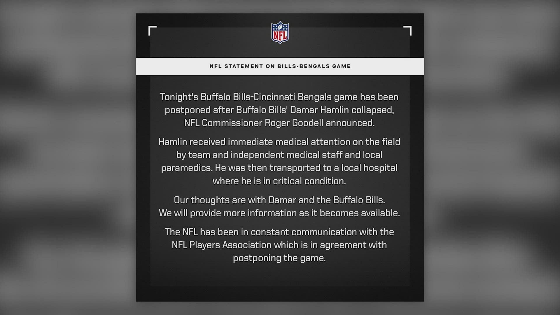 The NFL released a statement after Bills' Damar Hamlin was rushed to the hospital after collapsing on the field during the Bills-Bengals game on Jan. 2.