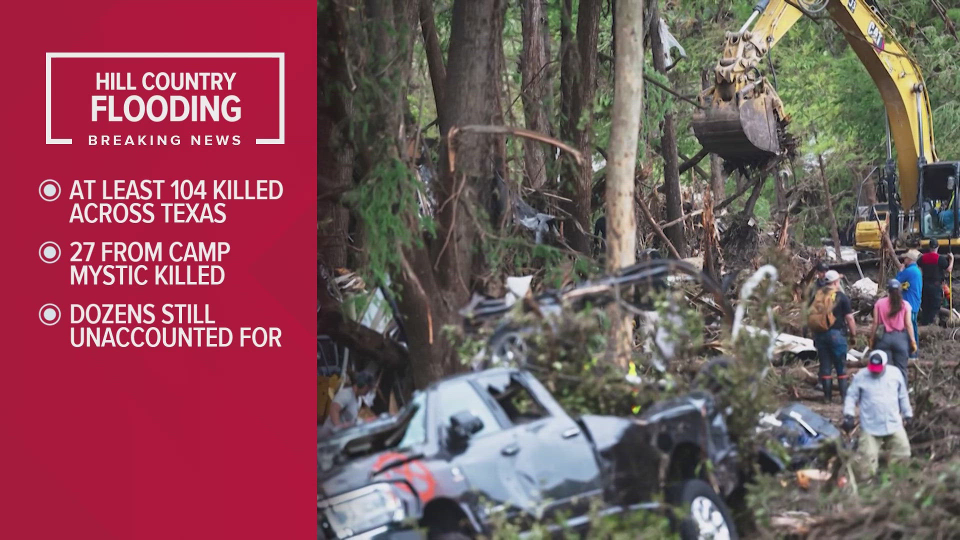 At least 104 peoplehave died across Texas, including 27 from Camp Mystic. Dozens of people are still unaccounted for.