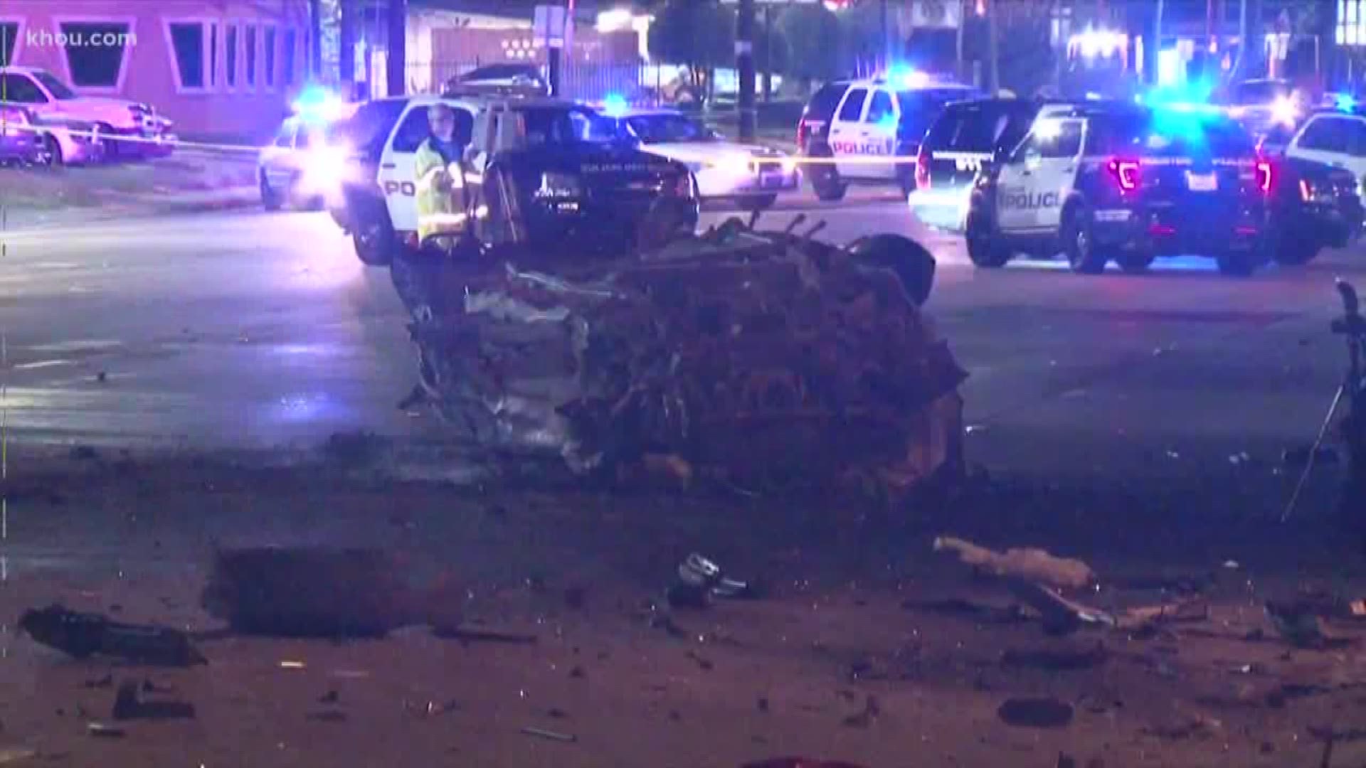 Two Houston police officers were hurt, one critically, in a head-on crash involving a suspected drunken driver, according to the police department.