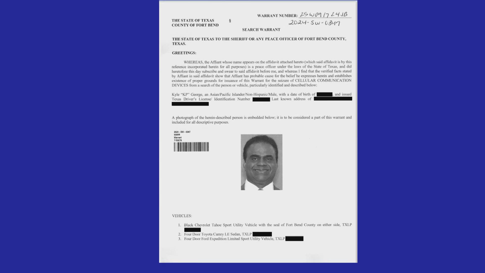 The warrant claims the county judge was aware an employee was using a fake social media account to post racist attacks against George during his reelection campaign.