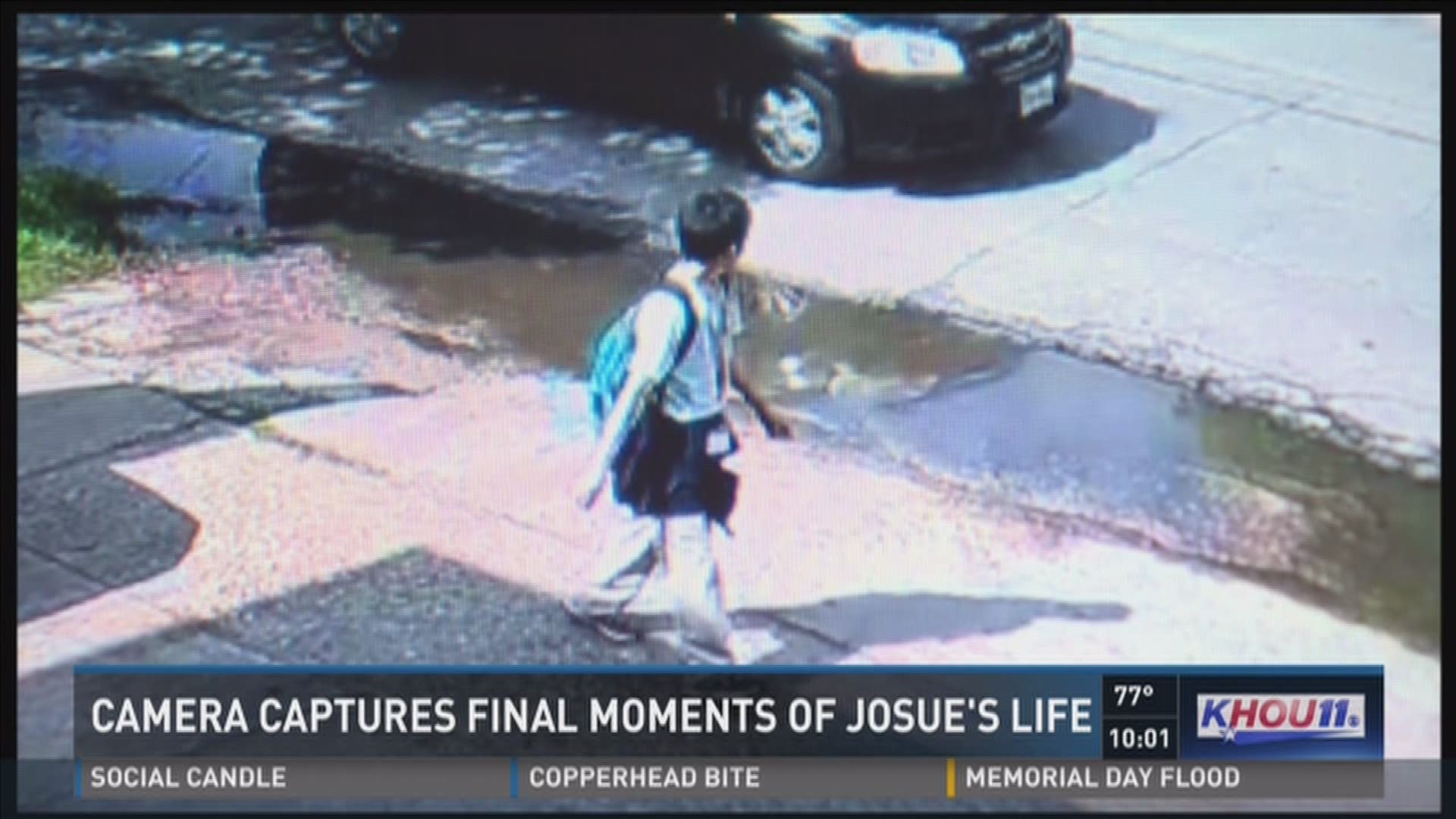 Home surveillance video shows Josue Flores walking home from school moments before he was stabbed to death. Police are still searching for the suspect.