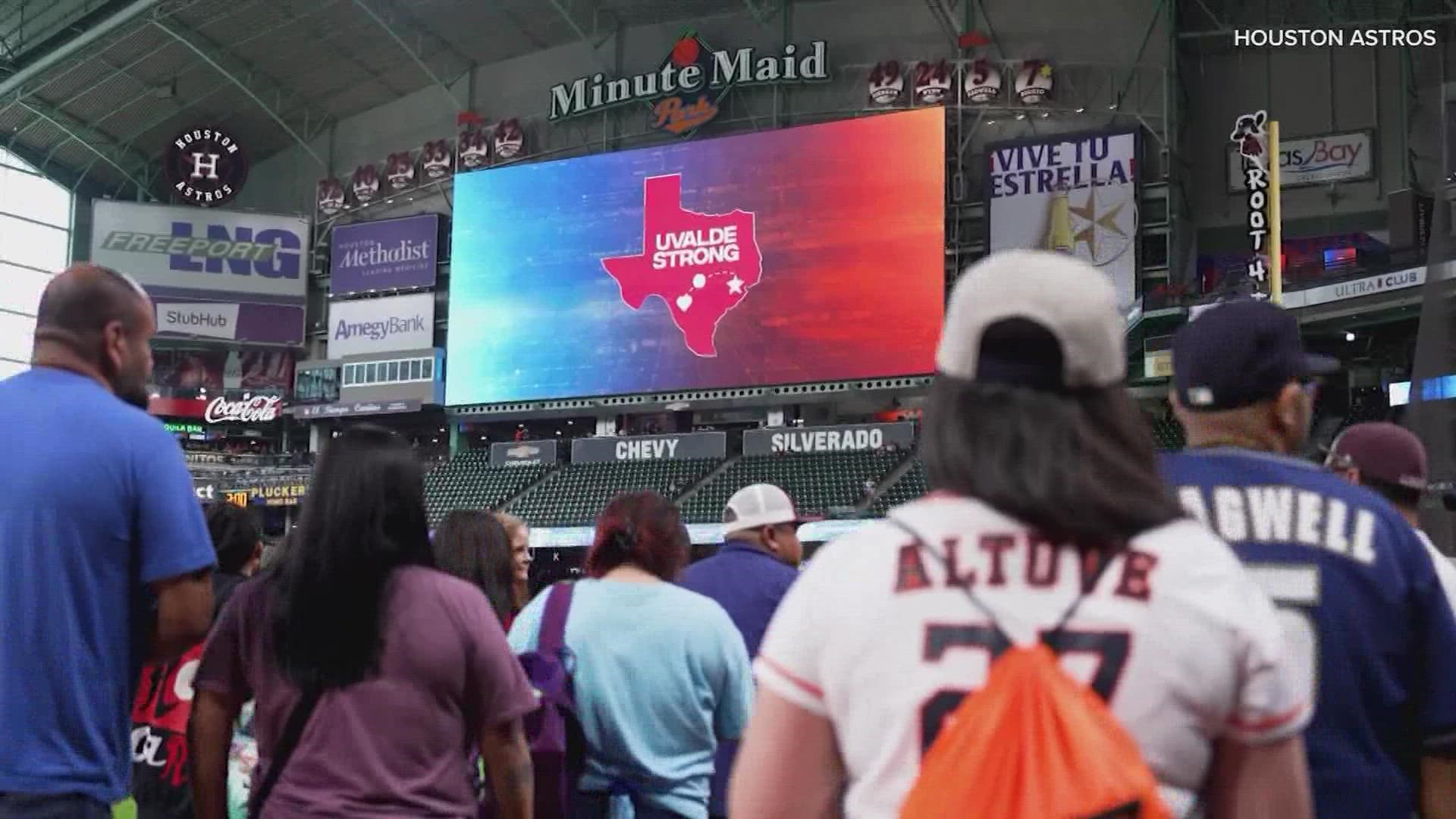 The Houston Fire Department was on hand to welcome families to town as they were escorted to Minute Maid Park.