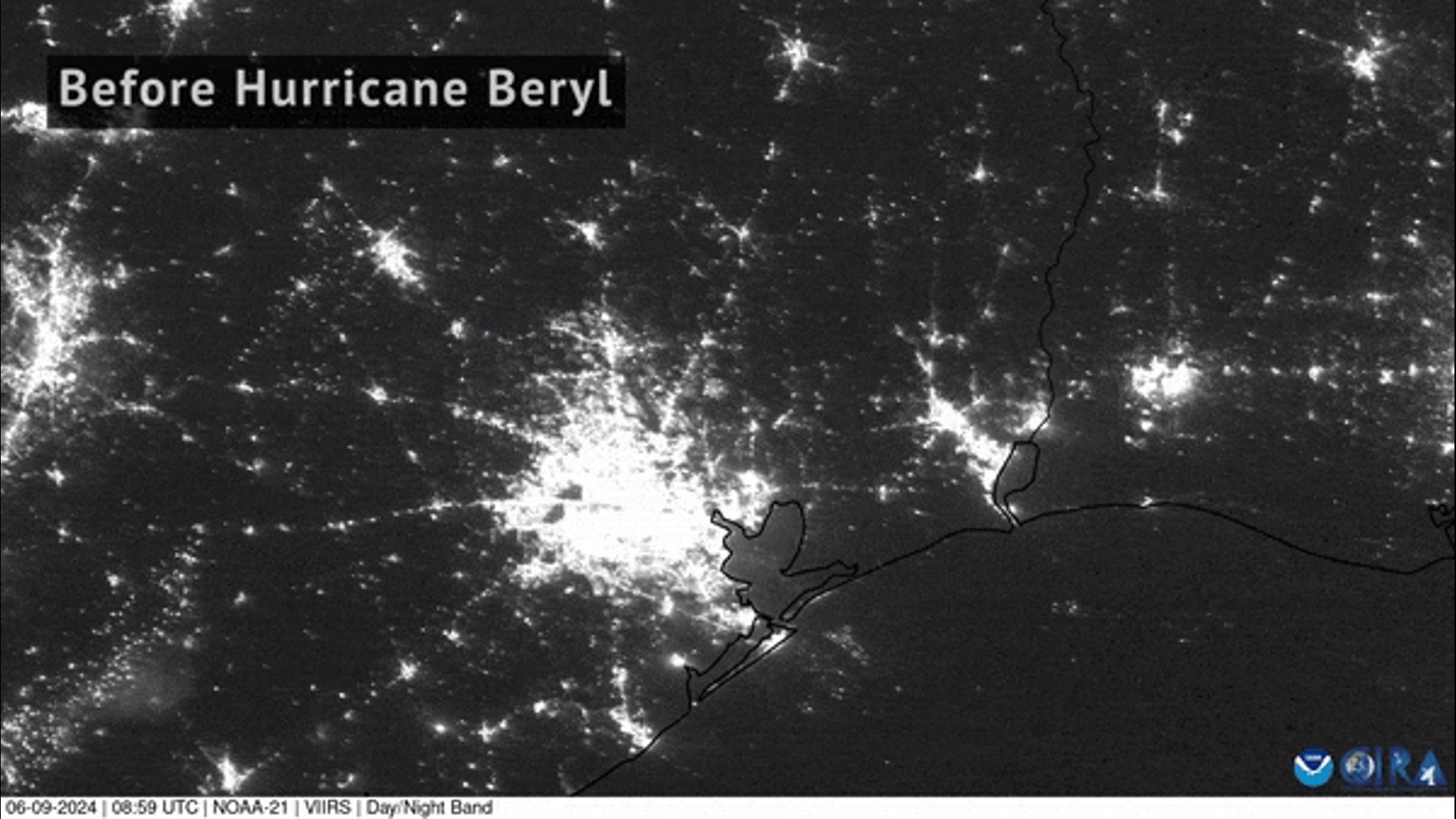 NOAA posted an animation with images of what Houston looked like before Beryl and after.