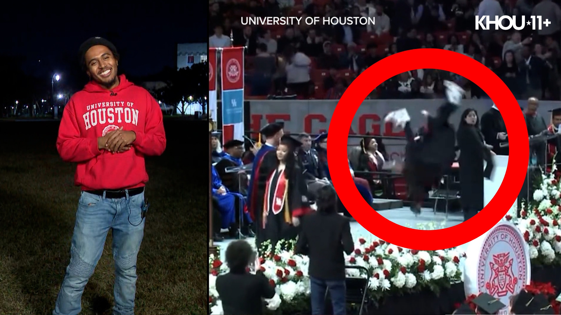 Kenneth Cofer graduated from the University of Houston this weekend and made the event memorable. He said he was briefly knocked out after his flip fail.