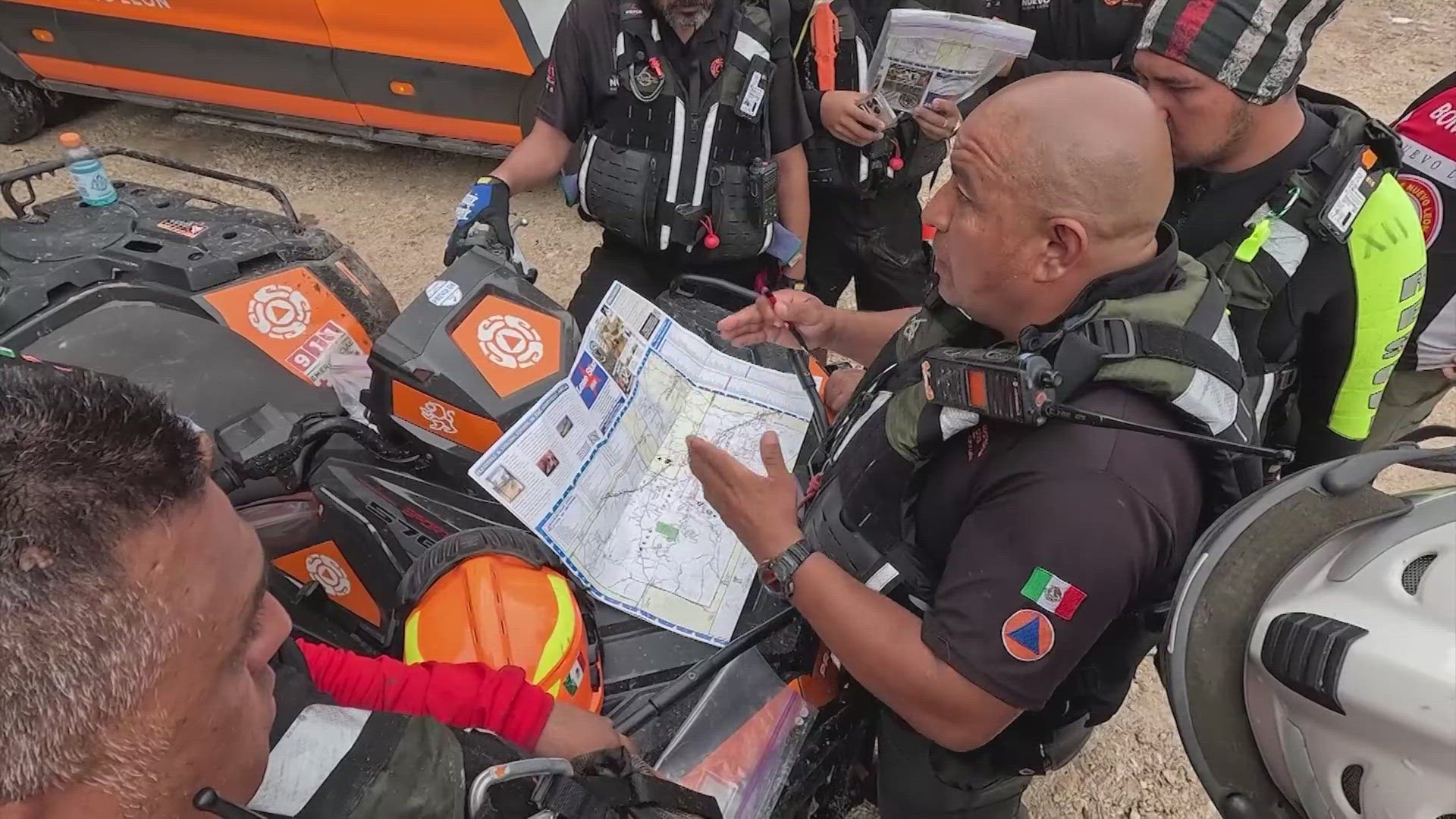 Proteccion Civil from Nuevo Leon, Mexico, is helping with recovery in the Texas Hill Country. The crew is working hard, stopping only when safety requires.
