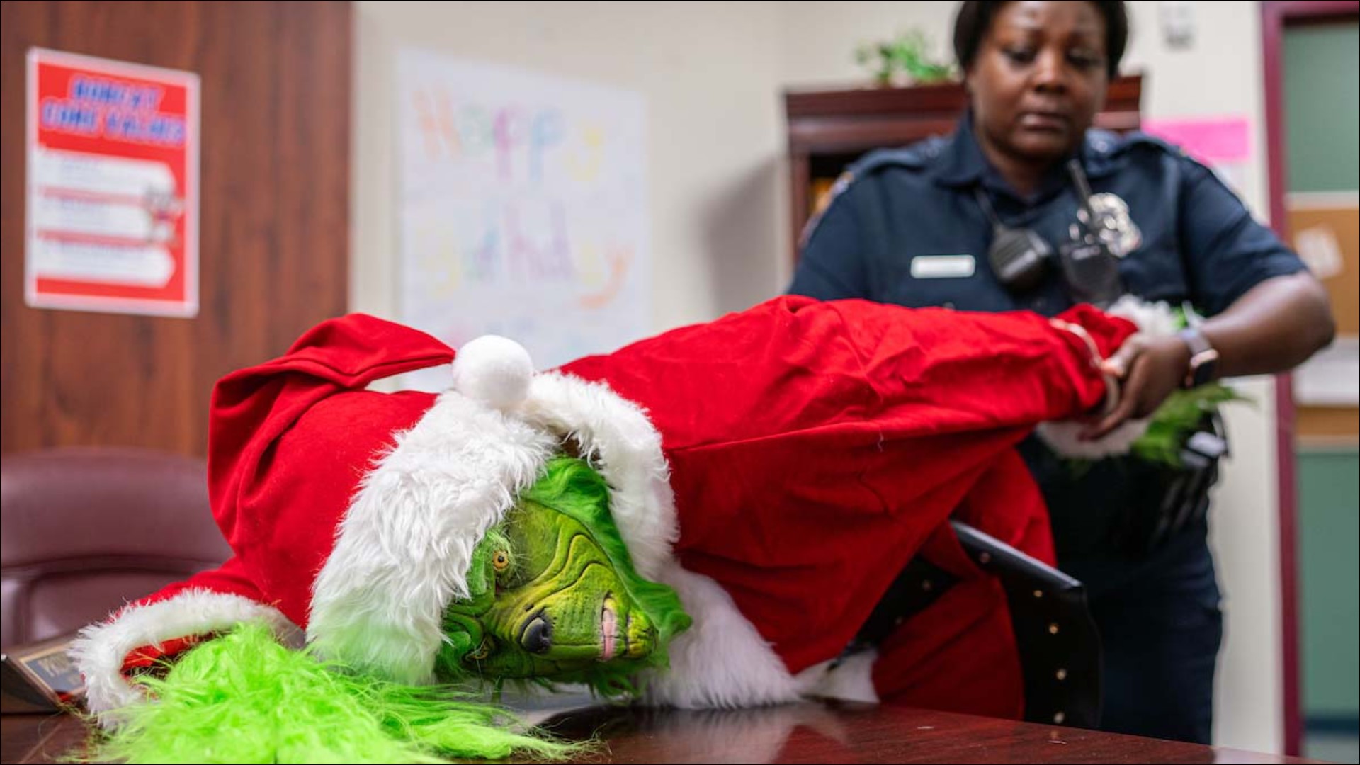 The Grinch is currently in custody at the North Pole Detention Center where he faces charges of holiday hooliganism and merry mischief-making.