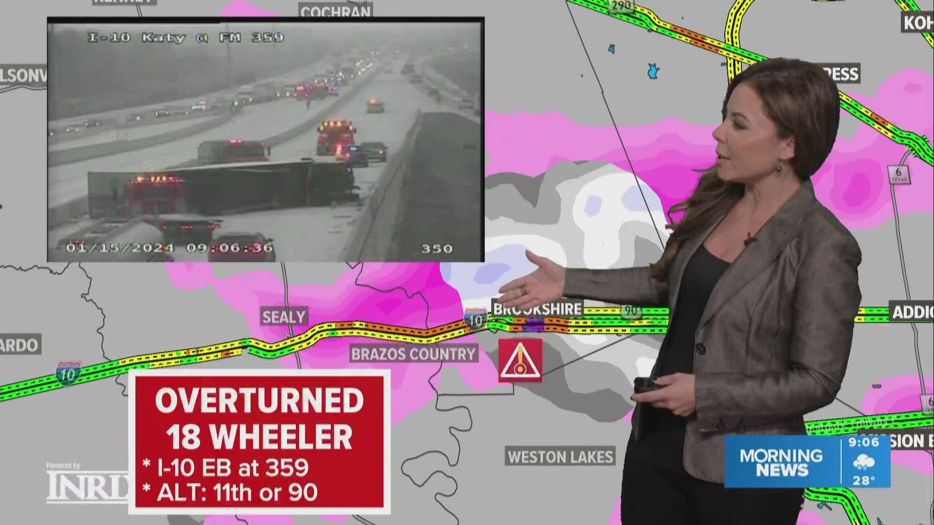 The Katy Freeway is shut down heading inbound, or eastbound, in Brookshire due to an overturned 18-wheeler and a hazmat spill Monday morning.