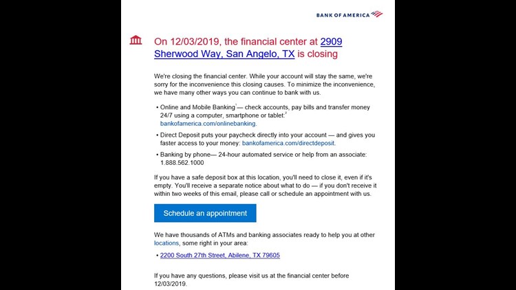 San Angelo Bank Of America Locations To Close By Dec 3 Kens5 Com