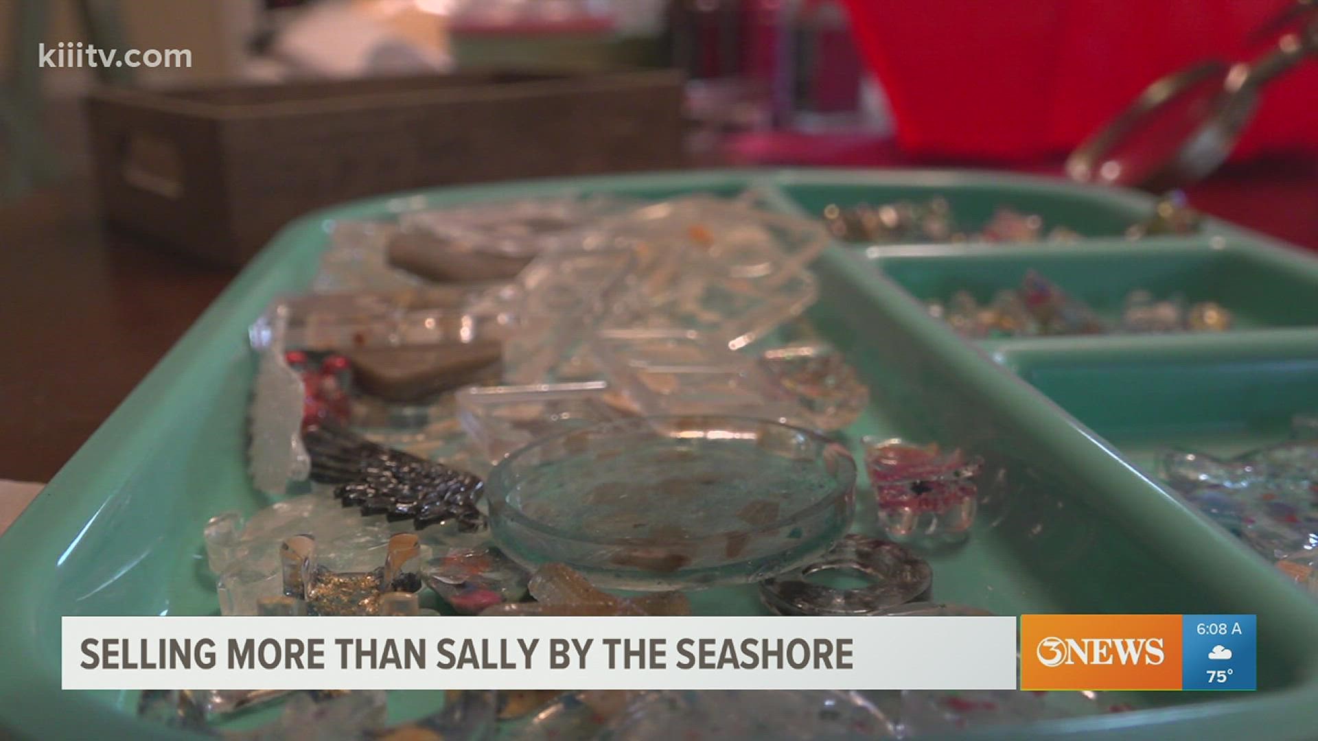 Jennifer Breunig, owner of Memento Padre, uses sand, seashells and plastic to make jewelry pieces and even custom items.