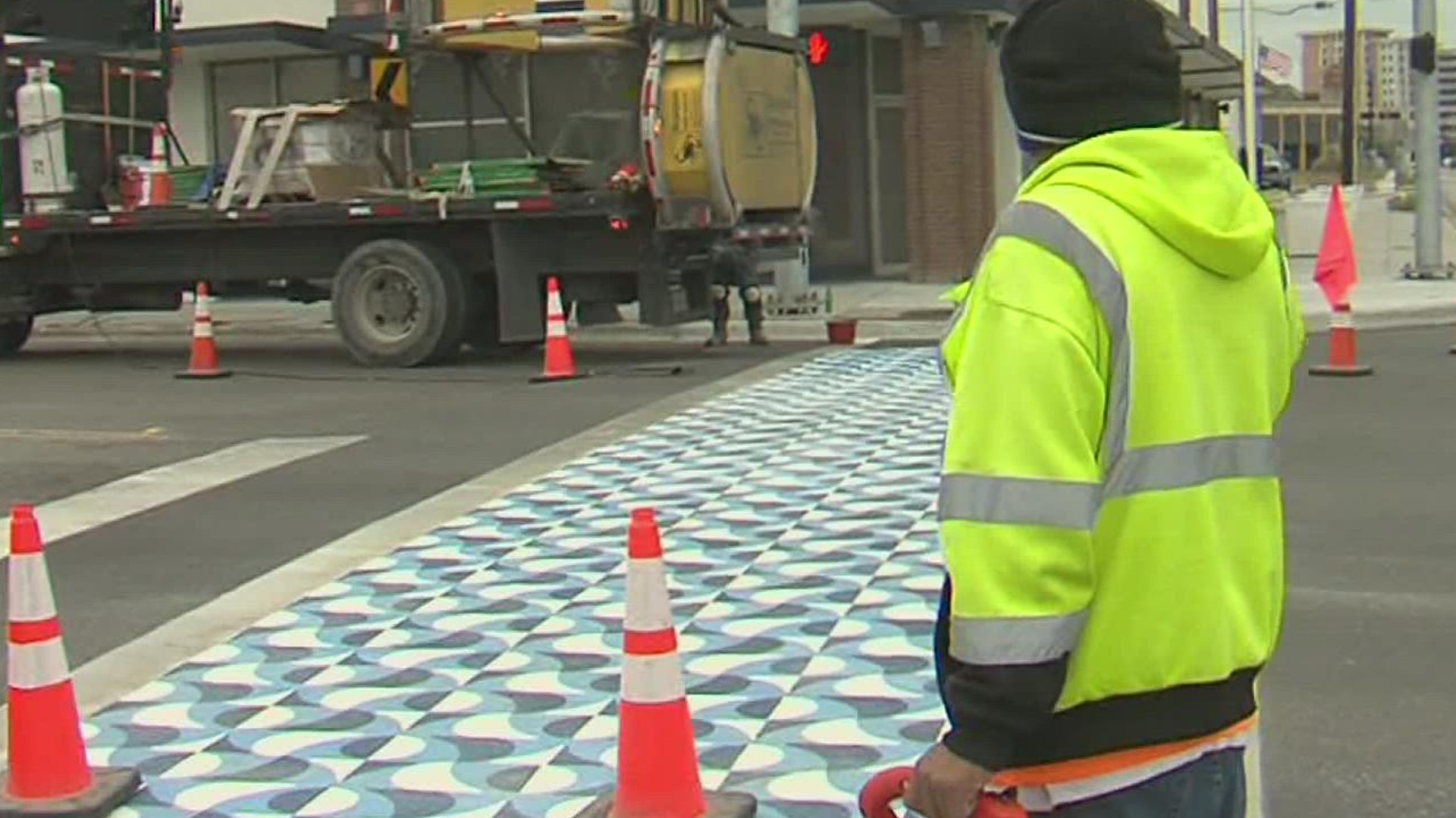 The crosswalk is made out of thermal plastic to prevent the structure from weathering away as quickly.