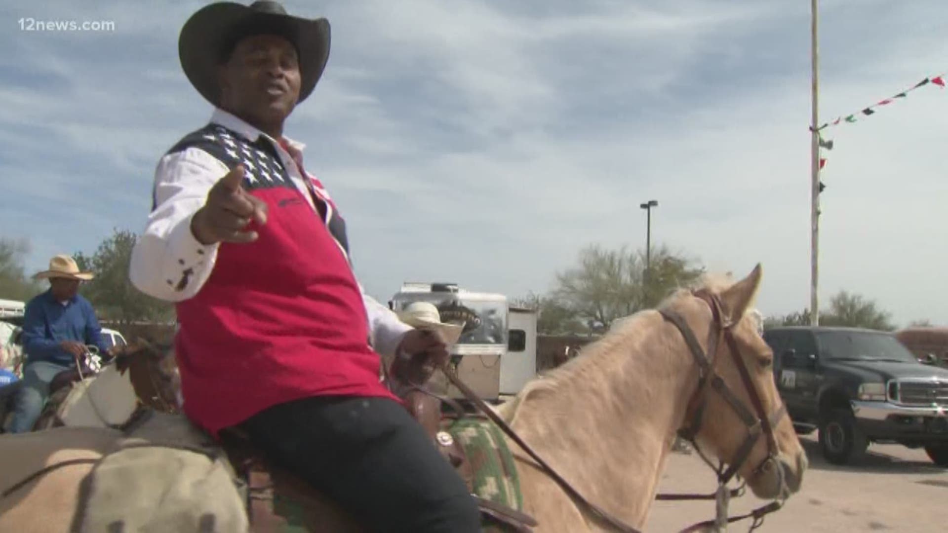 12 Sports' Bruce Cooper insists it's not his first rodeo as he gets up on a horse at last weekend's Arizona Black Rodeo in Chandler.