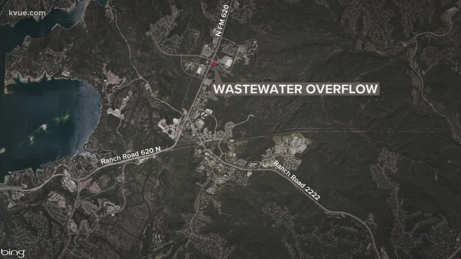 More than 100,000 gallons of wastewater spilled into a commercial storm drain off FM 620 in northwest Austin on Friday.