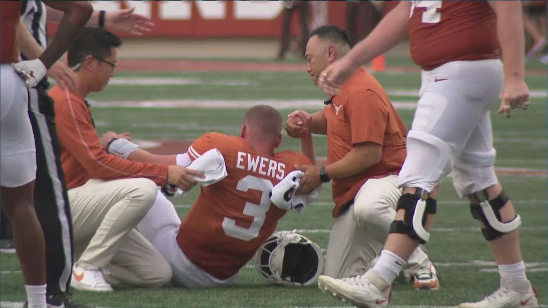 The Longhorns' quarterback is recovering from an oblique strain and it's uncertain whether he will play this week.