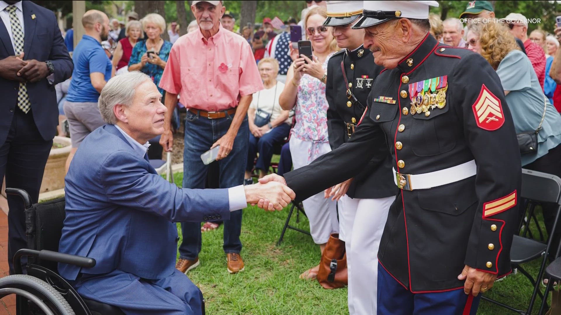 Gov. Greg Abbott delivered remarks at a Georgetown Memorial Day event on Monday.