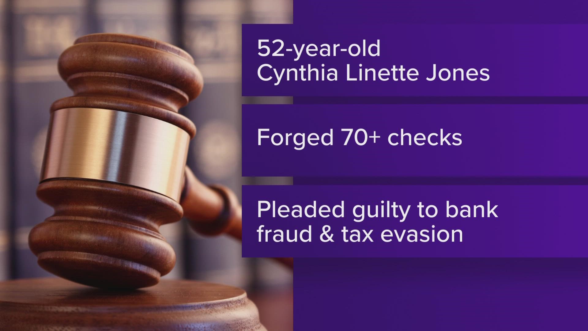 Cynthia Linette Jones, 52, forged checks at her job in Central Texas from 2012 to 2018.