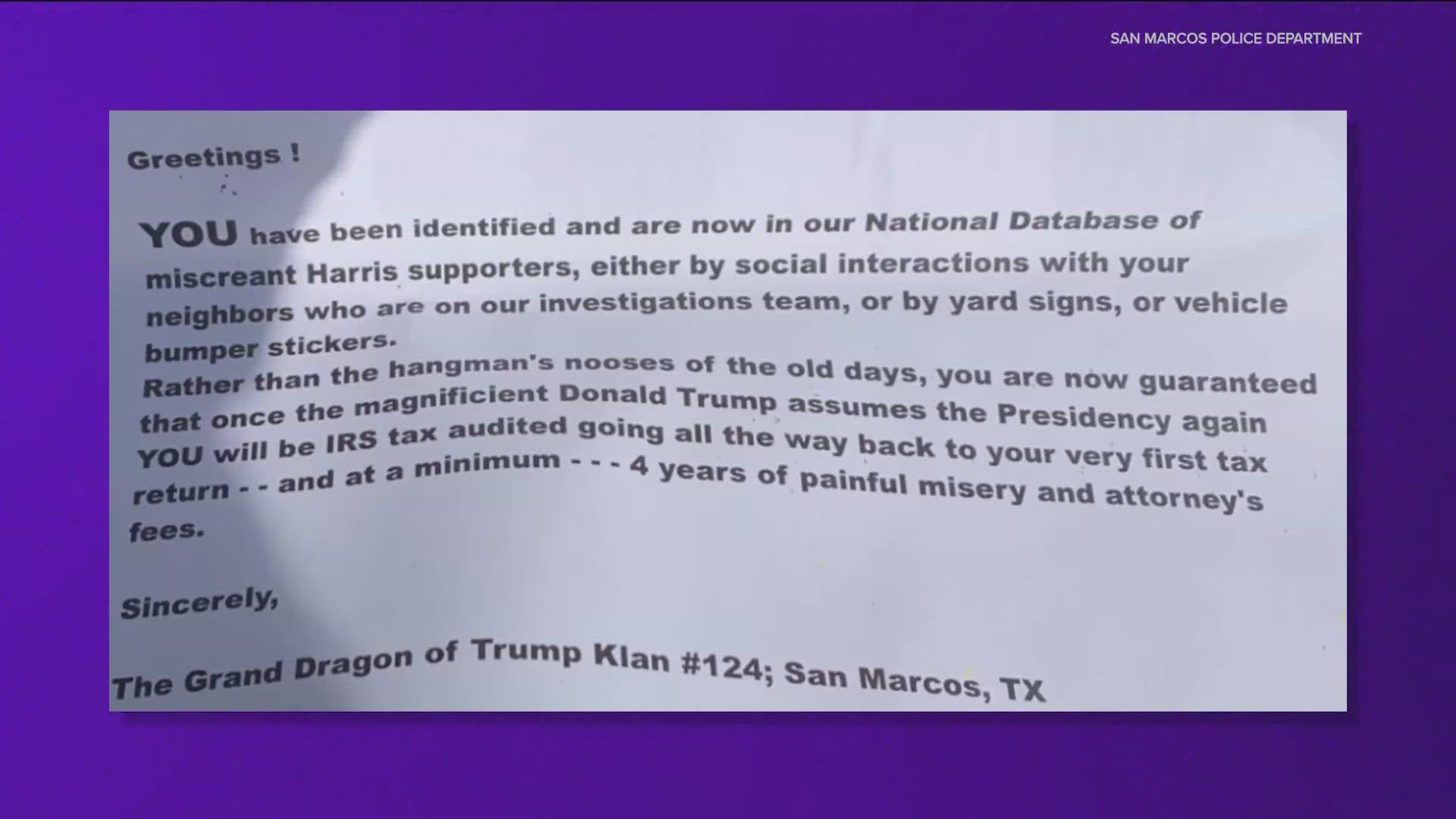 The flyers are signed, "Sincerely, The Grand Dragon of Trump Klan #124; San Marcos, TX."