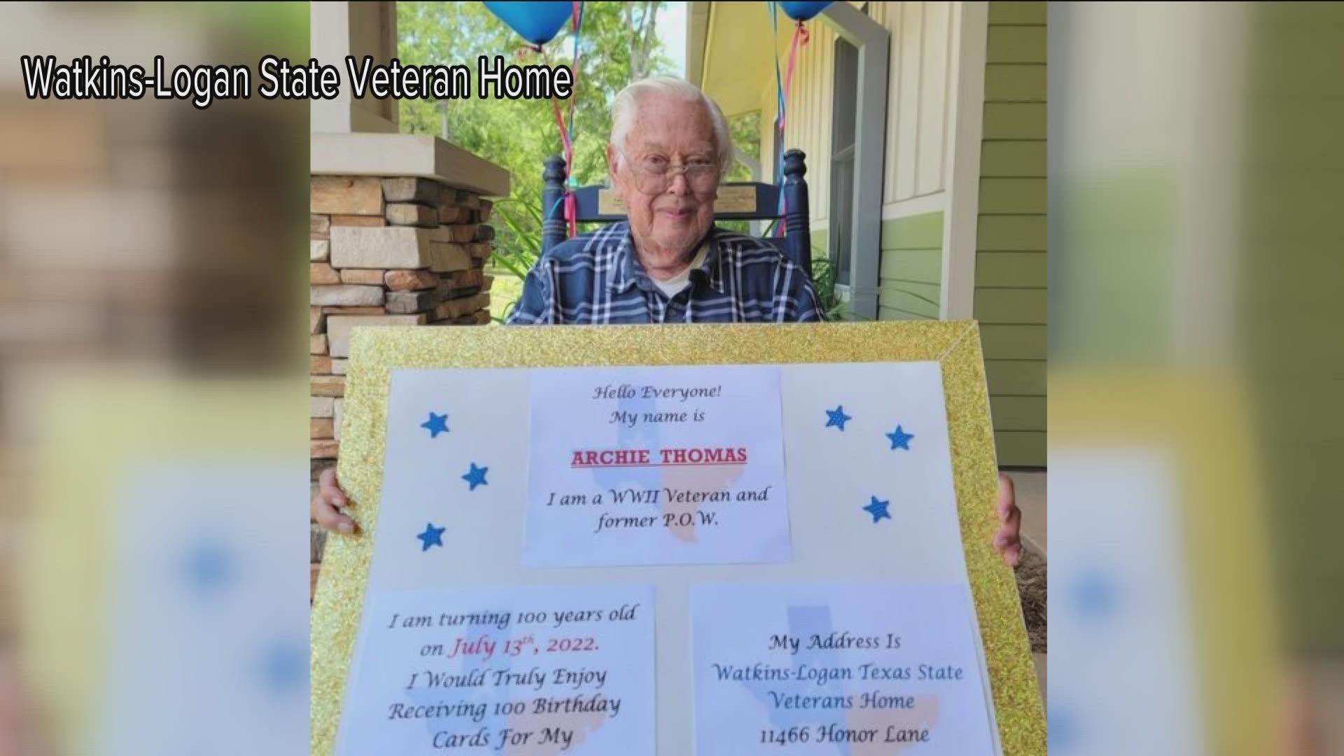 Archie Thomas, an Army Air Corp Veteran and former prisoner of war, turns 100 years old next Wednesday and for his birthday he wants 100s birthday cards