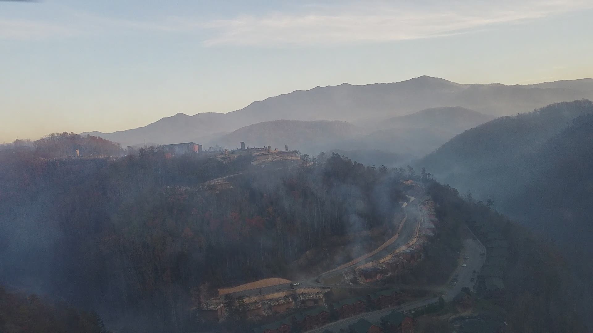 View from the cockpit of Black Hawk as pilots make bucket drops on structure/wildfire. Courtesy: Tennessee Army National Guard